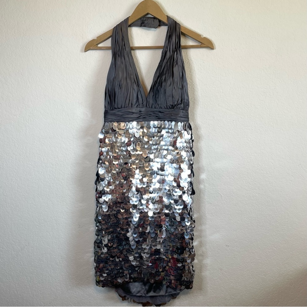 Beyond by Jovani Silver Cocktail Sequin Gray Halter Mini Dress 100% Silk Size 8 - Picture 2 of 12